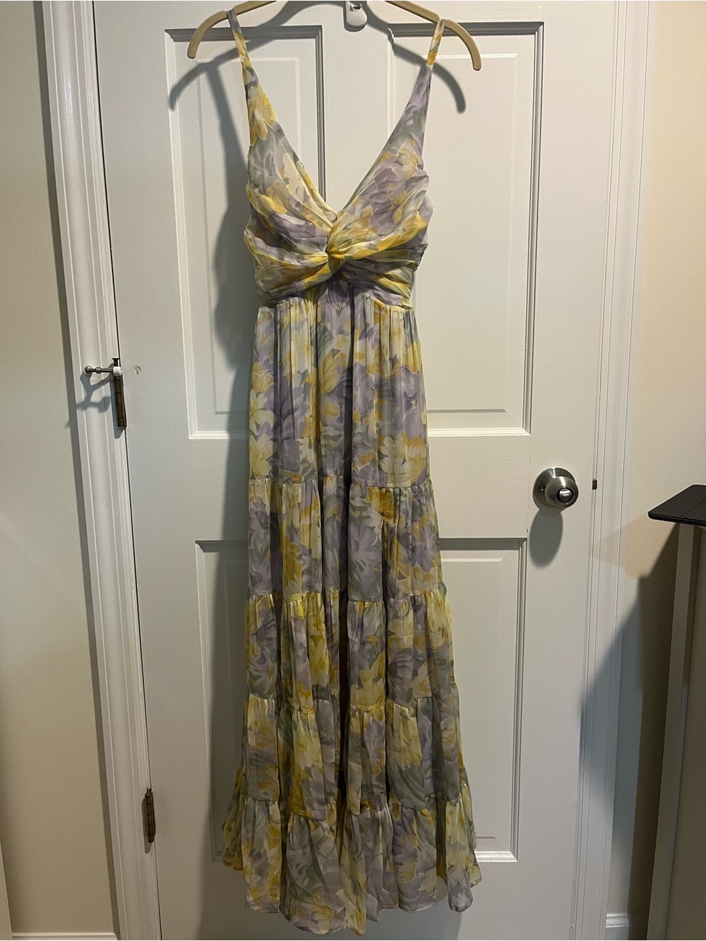 Astr Floral Yellow and Lavender Tiered Maxi Dress